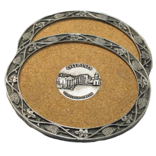 Image 1 of College Green Dublin Themed Cork Wine Stylish Pewter Edge Coasters Set of 2