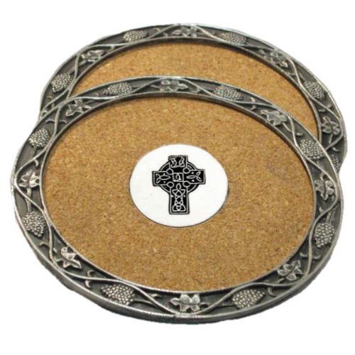 Image 1 of Celtic Cross Themed Cork Wine Stylish Pewter Edge Coasters Set of 4