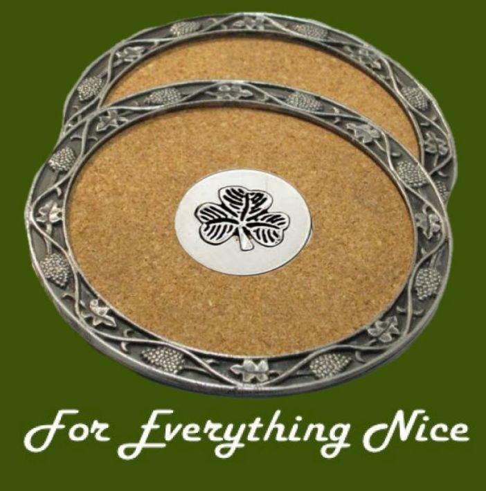 Image 0 of Shamrock Irish Themed Cork Wine Stylish Pewter Edge Coasters Set of 2