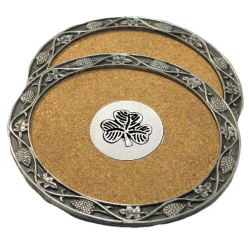 Image 1 of Shamrock Irish Themed Cork Wine Stylish Pewter Edge Coasters Set of 2