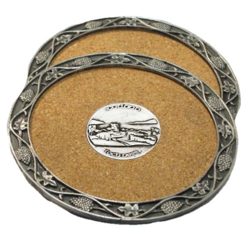 Image 1 of Loch Ness Scotland Themed Cork Wine Stylish Pewter Edge Coasters Set of 4