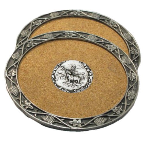 Image 1 of Proud Stag Scotland Themed Cork Wine Stylish Pewter Edge Coasters Set of 2