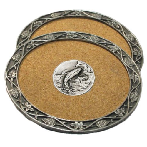 Image 1 of Salmon Fishing Themed Cork Wine Stylish Pewter Edge Coasters Set of 2