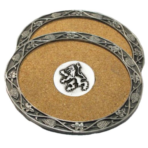 Image 1 of Lion Rampant Themed Cork Wine Stylish Pewter Edge Coasters Set of 4