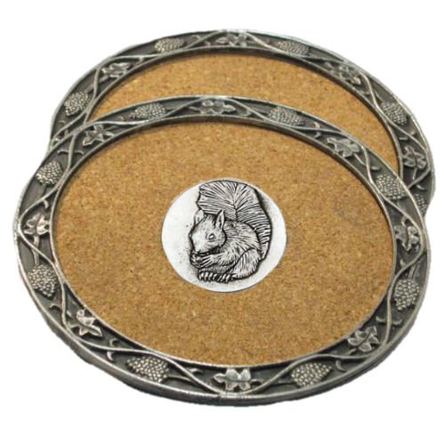 Image 1 of Squirrel Animal Themed Cork Wine Stylish Pewter Edge Coasters Set of 4