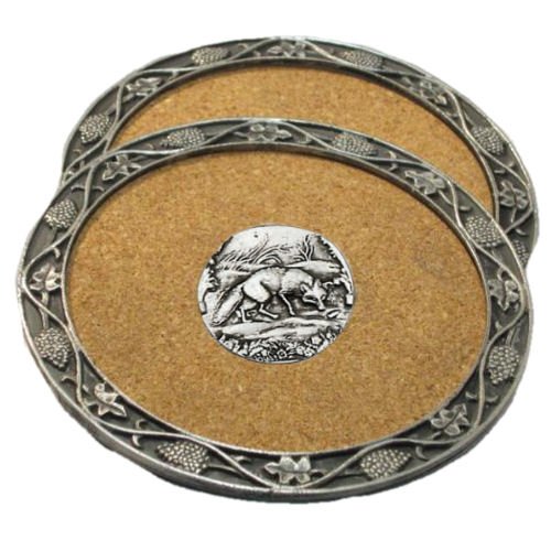 Image 1 of Sly Fox Animal Themed Cork Wine Stylish Pewter Edge Coasters Set of 2