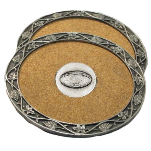 Image 1 of Rugby Football Themed Cork Wine Stylish Pewter Edge Coasters Set of 4