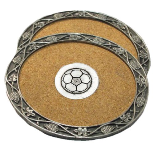 Image 1 of Soccer Football Themed Cork Wine Stylish Pewter Edge Coasters Set of 2