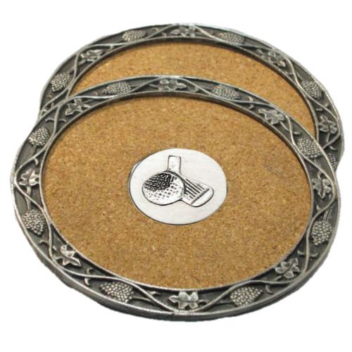 Image 1 of Golf Ball And Wedge Themed Cork Wine Stylish Pewter Edge Coasters Set of 2