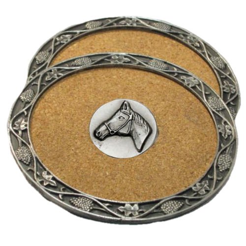 Image 1 of Horse Head Animal Themed Cork Wine Stylish Pewter Edge Coasters Set of 2