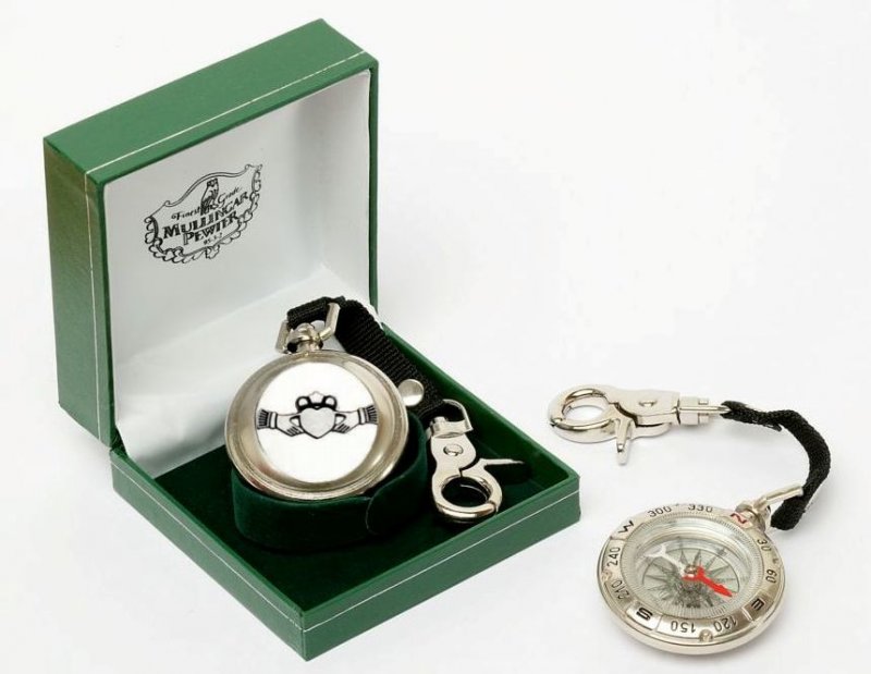 Image 1 of Claddagh Ireland Themed Pewter Boxed Compass With Belt Lanyard