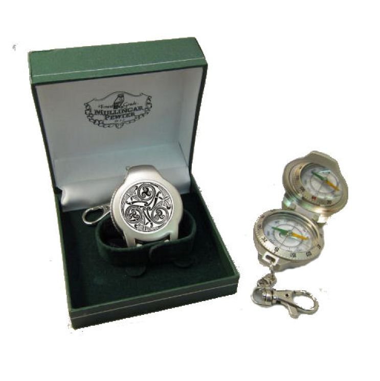 Image 1 of Celtic Spiral Knotwork Ireland Themed Pewter Boxed Compass With Belt Clip