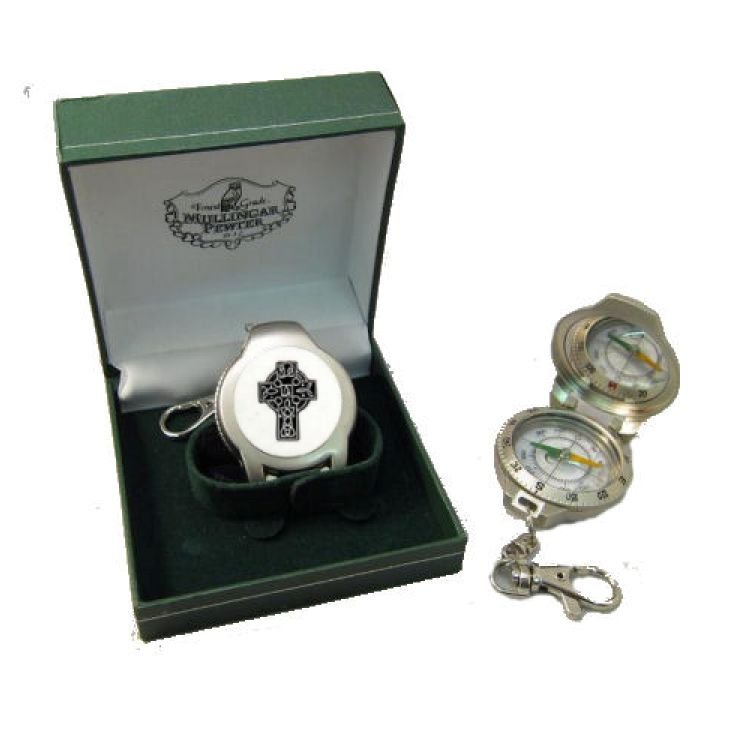 Image 1 of Celtic Cross Ireland Themed Pewter Boxed Compass With Belt Clip