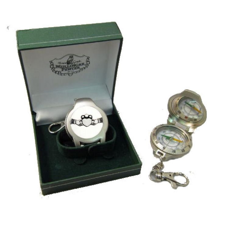 Image 1 of Claddagh Ireland Themed Pewter Boxed Compass With Belt Clip