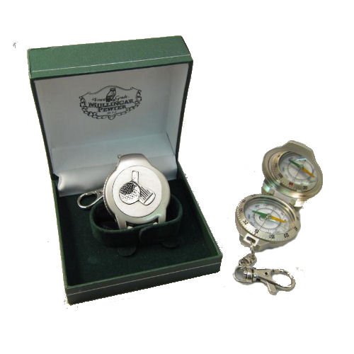 Image 1 of Golf Ball And Wedge Themed Pewter Boxed Compass With Belt Clip