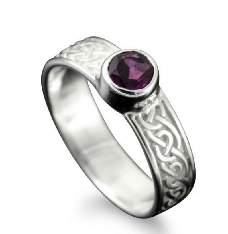 Image 1 of Hascosay Celtic Knot Round Amethyst Ladies Sterling Silver Band Ring Sizes A-Q