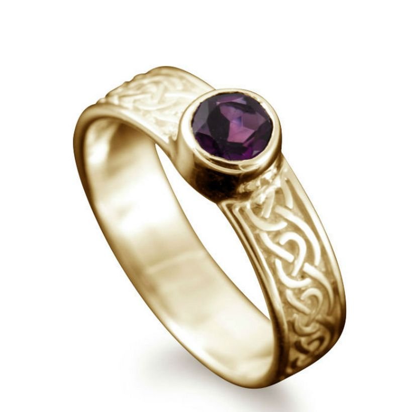 Image 1 of Hascosay Celtic Knot Round Amethyst Ladies 9K Yellow Gold Band Ring Sizes R-Z