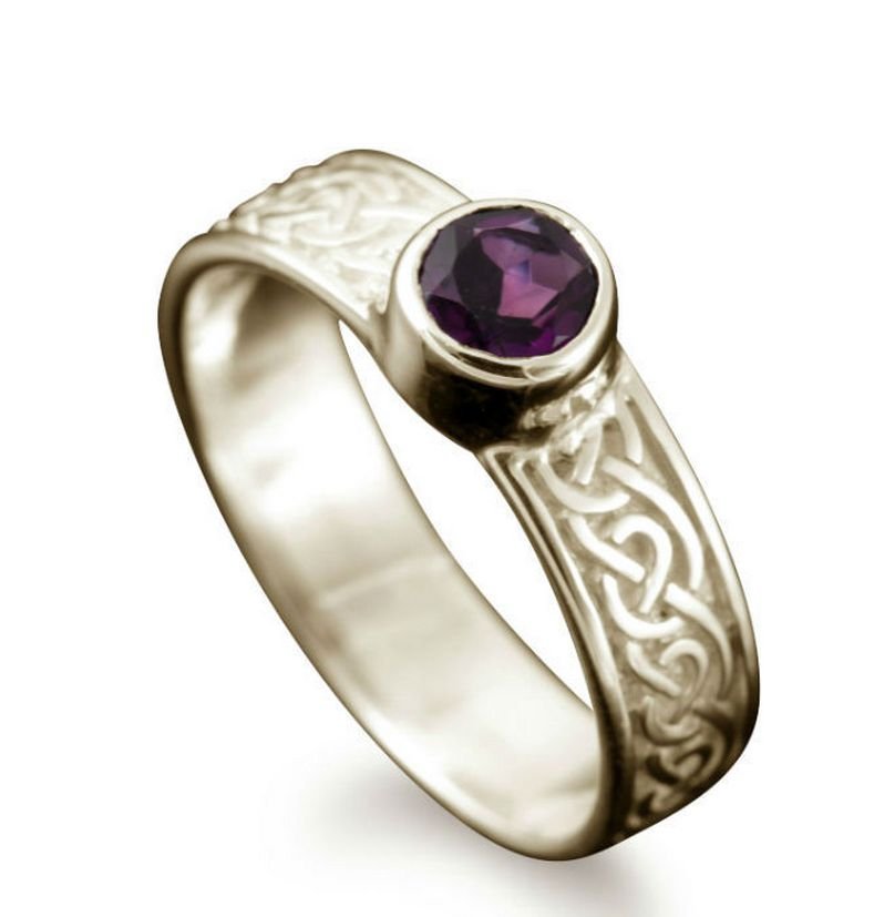 Image 1 of Hascosay Celtic Knot Round Amethyst Ladies 9K White Gold Band Ring Sizes A-Q