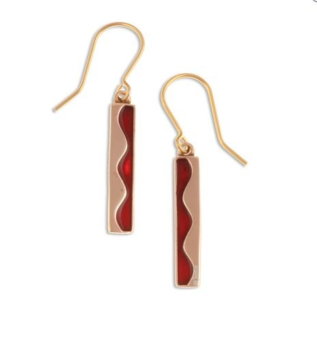 Image 1 of Wave Design Red Enamel Bar Sheppard Hook Bronze Earrings