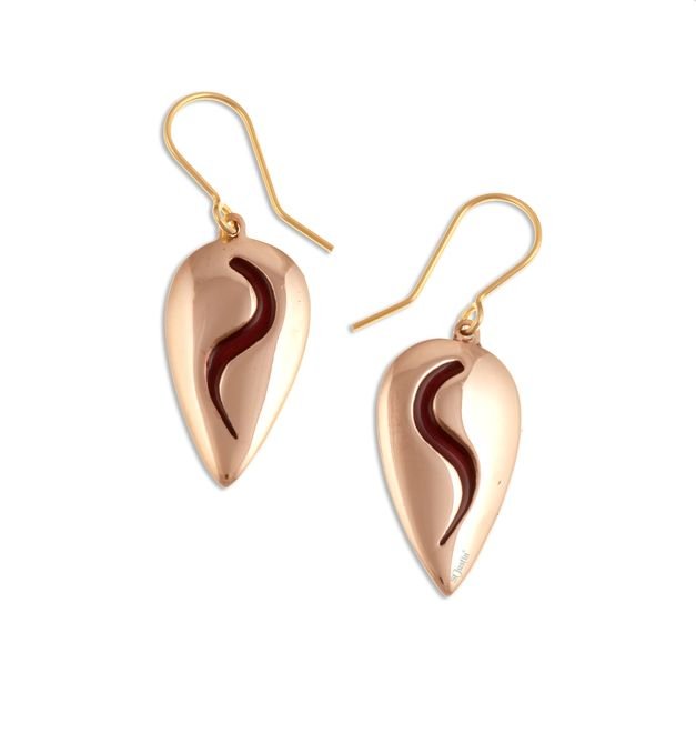 Image 1 of Shield Shaped Red Enamel Detail Sheppard Hook Bronze Earrings