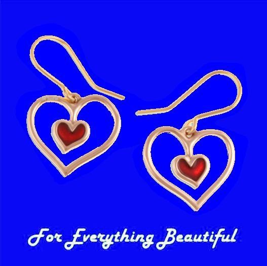 Image 0 of Open Heart Red Enamel Detail Sheppard Hook Bronze Earrings