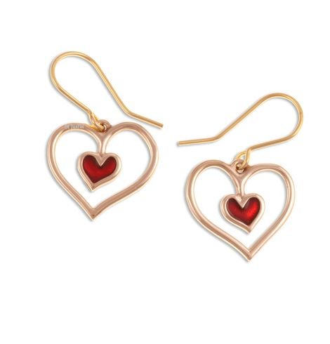 Image 1 of Open Heart Red Enamel Detail Sheppard Hook Bronze Earrings