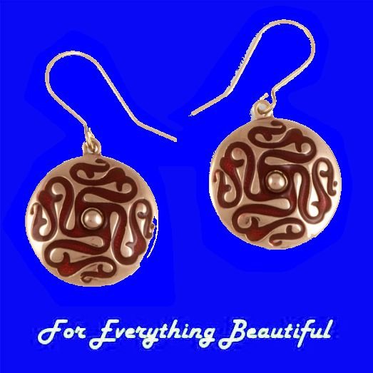 Image 0 of Whirligig Design Red Enamel Round Sheppard Hook Bronze Earrings