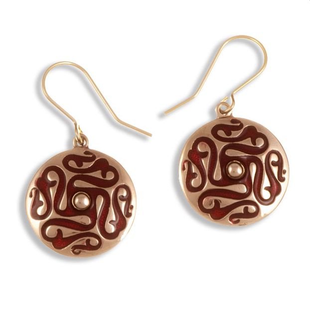 Image 1 of Whirligig Design Red Enamel Round Sheppard Hook Bronze Earrings