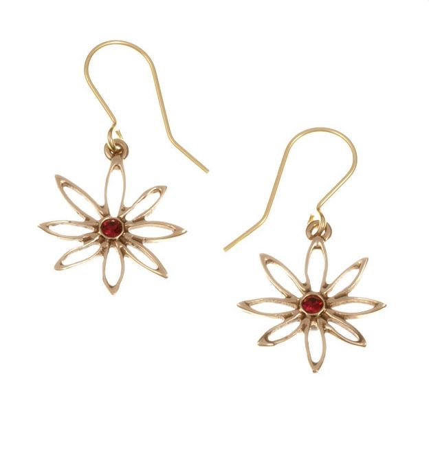 Image 1 of Open Eight Petal Flower Ruby Stone Sheppard Hook Bronze Earrings