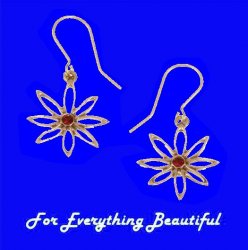 Open Eight Petal Flower Ruby Stone Sheppard Hook Bronze Earrings