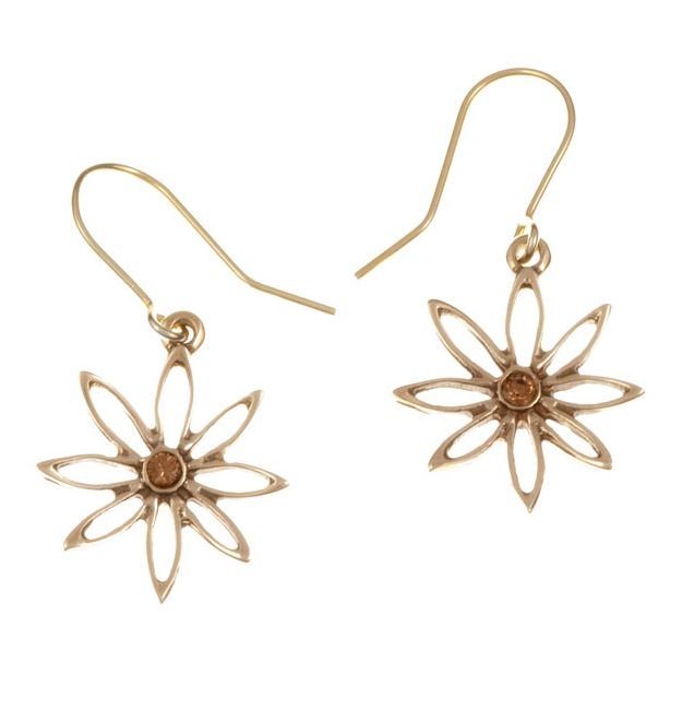 Image 1 of Open Eight Petal Flower Smokey Topaz Stone Sheppard Hook Bronze Earrings