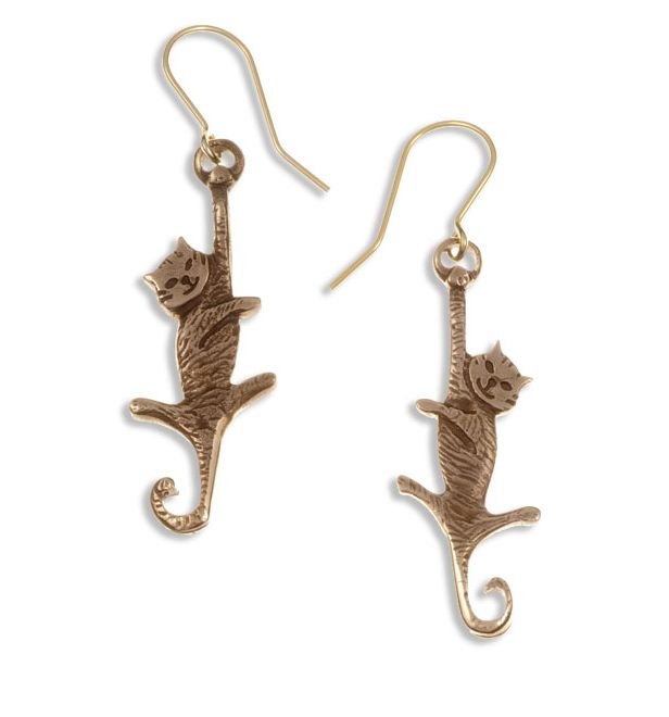 Image 1 of Dangling Cat Animal Themed Drop Sheppard Hook Bronze Earrings