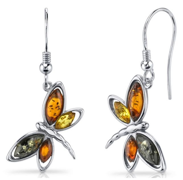 Image 1 of Baltic Amber Four Stone Butterfly Sheppard Hook Sterling Silver Earrings