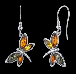 Baltic Amber Four Stone Butterfly Sheppard Hook Sterling Silver Earrings