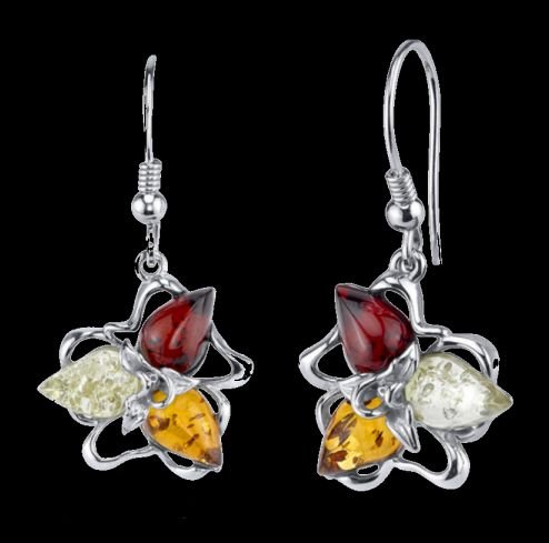 Image 0 of Baltic Amber Three Stone Star Leaf Sheppard Hook Sterling Silver Earrings