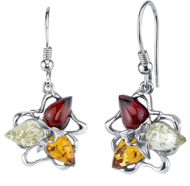 Image 1 of Baltic Amber Three Stone Star Leaf Sheppard Hook Sterling Silver Earrings