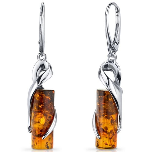 Image 1 of Baltic Amber Elliptical Cylindrical Leverback Sterling Silver Earrings