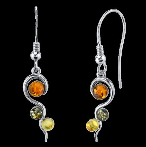Image 0 of Baltic Amber Three Stone Abstract Drop Sheppard Hook Sterling Silver Earrings