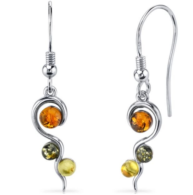 Image 1 of Baltic Amber Three Stone Abstract Drop Sheppard Hook Sterling Silver Earrings