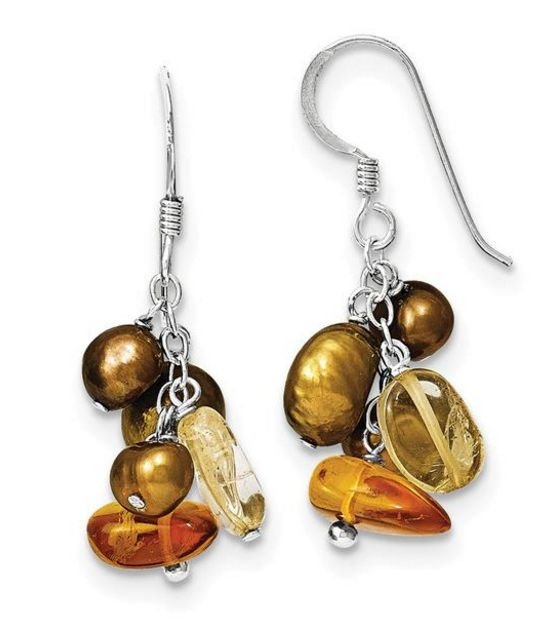 Image 1 of Copper Freshwater Pearls Citrine Amber Drop Sterling Silver Earrings