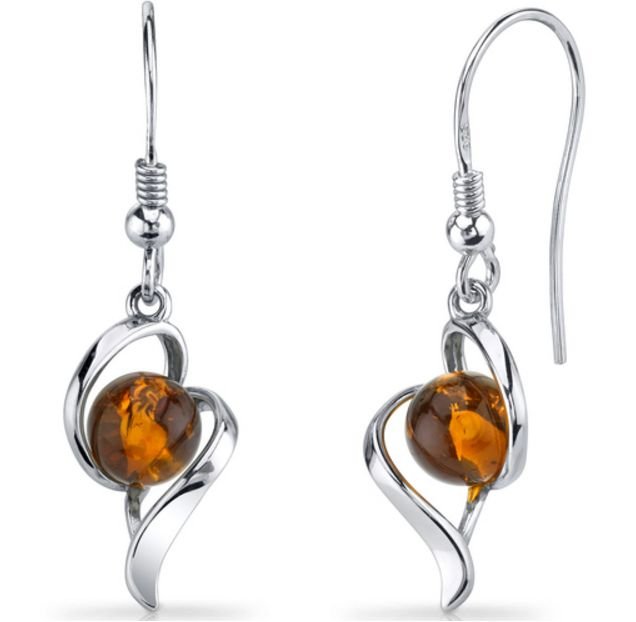 Image 1 of Baltic Amber Spherical Stone Abstract Sheppard Hook Sterling Silver Earrings
