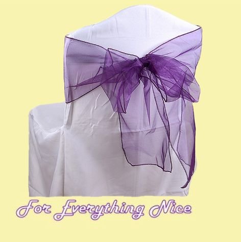 Image 0 of Eggplant Plum Organza Wedding Chair Sash Ribbon Bow Decorations x 50