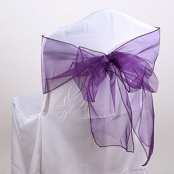 Image 2 of Eggplant Plum Organza Wedding Chair Sash Ribbon Bow Decorations x 50