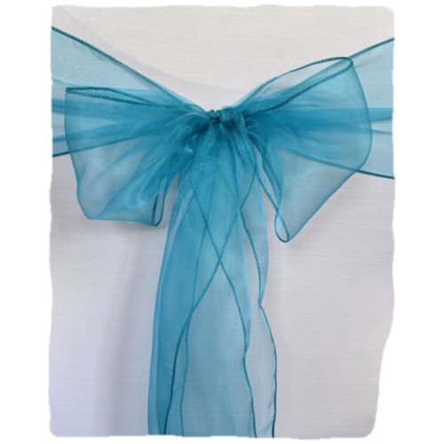 Image 1 of Teal Blue Organza Wedding Chair Sash Ribbon Bow Decorations x 50