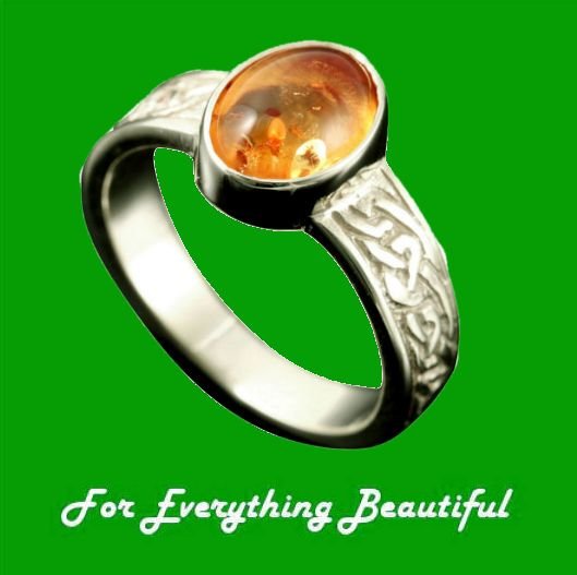 Image 0 of Uyea Celtic Knot Oval Amber Ladies 9K White Gold Band Ring Sizes A-Q
