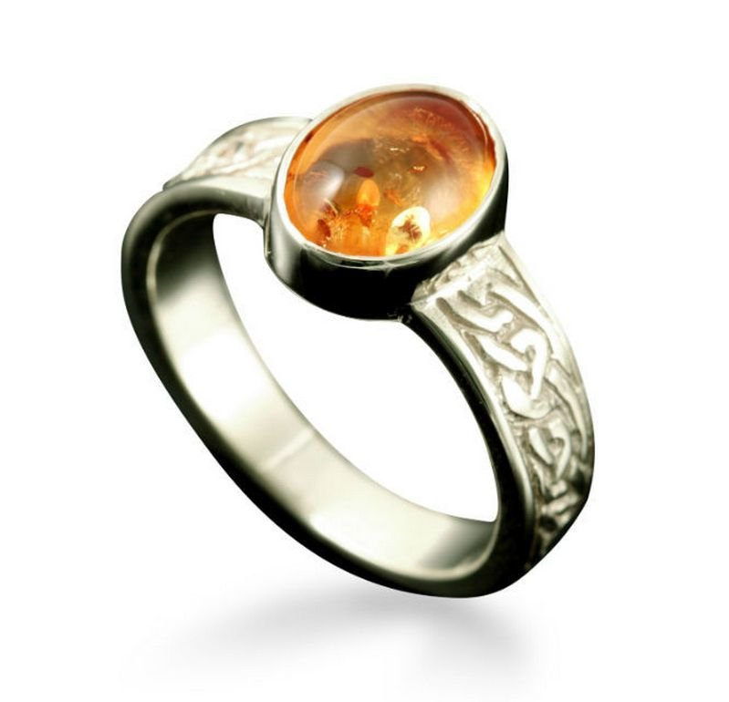 Image 1 of Uyea Celtic Knot Oval Amber Ladies 9K White Gold Band Ring Sizes A-Q