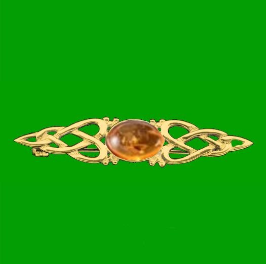 Image 0 of Celtic Knot Amber Bar Twist Design 9K Yellow Gold Brooch