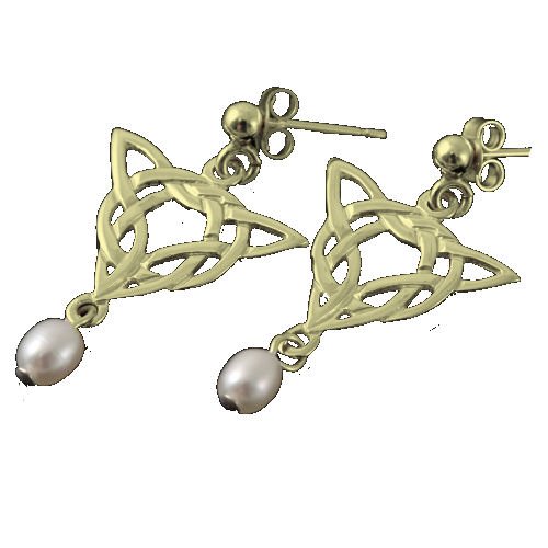 Image 1 of Celtic Knotwork Triangular Motif Freshwater Pearl 9K Yellow Gold Earrings