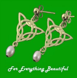 Celtic Knotwork Triangular Motif Freshwater Pearl 9K Yellow Gold Earrings