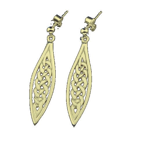 Image 1 of Celtic Elongated Woven Knotwork Design 9K Yellow Gold Drop Earrings
